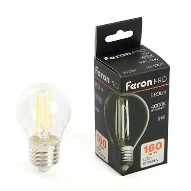 лампа светодиодная feron.pro lb-1706 шарик e27 980lm 6w 175-265v 4000k 51251