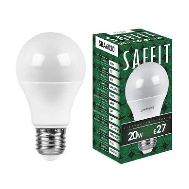 лампа светодиодная saffit e27 20w 6400k шар матовая sba6020 55015