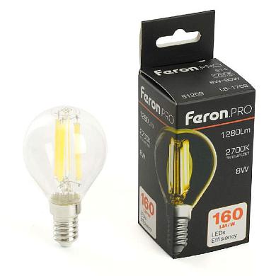лампа светодиодная feron.pro lb-1708 шарик e14 1280lm 8w 175-265v 2700k 51259