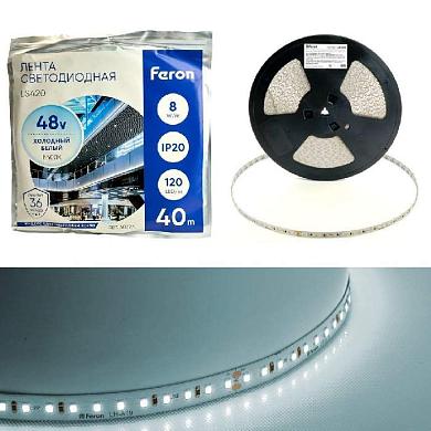 светодиодная лента feron 8w/m 120led/m 2835smd холодный белый 40m ls420 48793