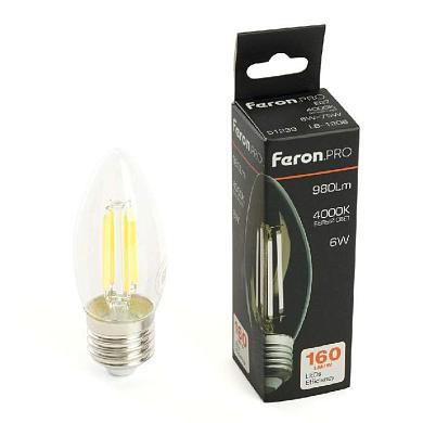 лампа светодиодная feron.pro lb-1206 свеча e27 980lm 6w 175-265v 4000k 51239