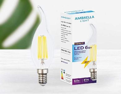 лампа светодиодная филаментная ambrella light e14 6w 4200k прозрачная 202215