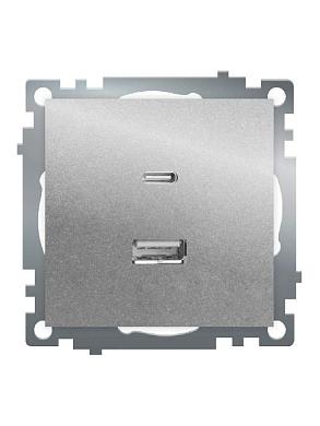 розетка 2-местная usb + type c (механизм)), stekker gls10-7116-03 , 250b, 3а, max 20w, серия катрин, серебро 50054